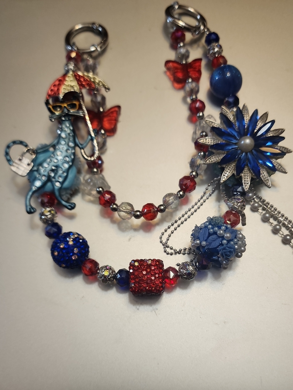 Blue and Red Floral Cat Charm Statement Purse Charm